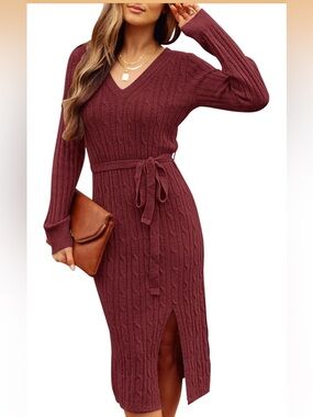 Women's V-Neck Cable Knit Tie-Waist Midi Dress - Burgundy
